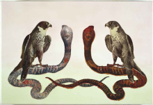Double Falcon, Double Cobra, 2008, Mischtechnik auf Leinwand, 66,7 x 96,5 cm