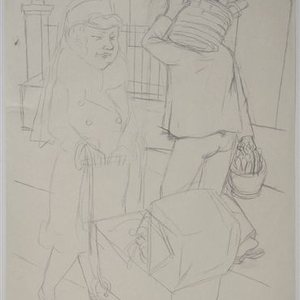 Straßenszene, Berlin, mit Pflegerin und Bäckerjunge, Zimmermannsblei auf Papier, 60 x 46 cm 